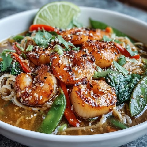 Steaming Asian Noodle Bowl with Shrimp and Scallops, featuring rice noodles, bok choy, and colorful vegetables in a savory broth.