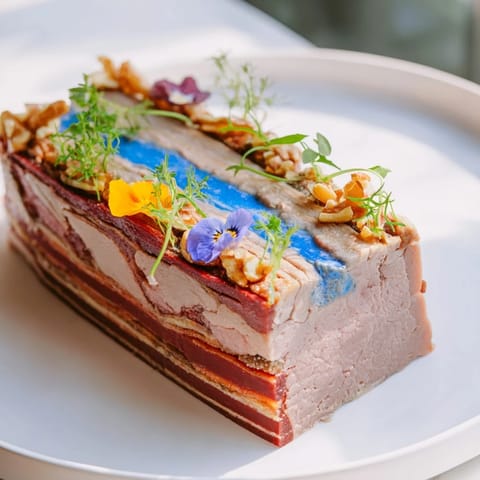This Grand Canyon Rim terrine showcases layered meat, perfect for impressing guests with its vibrant details.