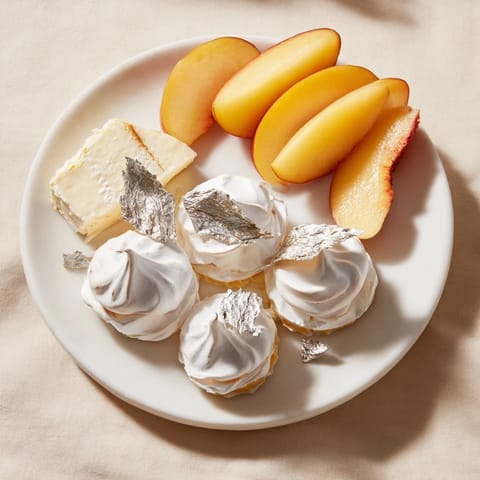 A close-up of The Pearly Gates cheese board, showing glistening silver leaf atop meringue kisses.