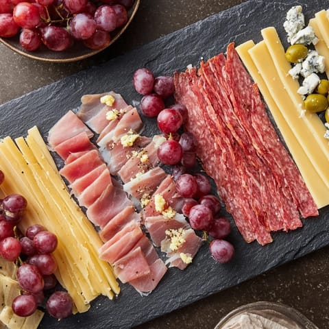 A close-up of The Industrial Slate, showcasing beautifully arranged meats and cheeses ready to serve.