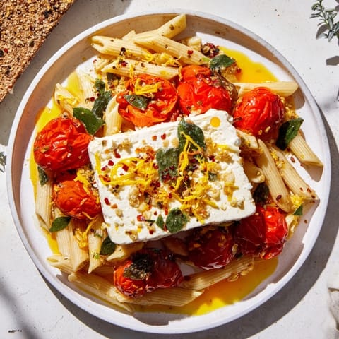 Vibrant image of Baked Feta 2.0 with honey, a flavorful Mediterranean pasta dish, ready to eat.
