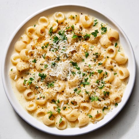 Close-up of golden One-Pot Garlic Butter Ditalini, showing the perfectly cooked ditalini pasta.