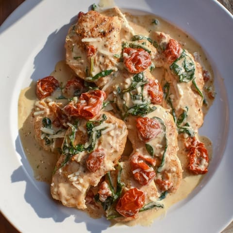 Sizzling seared chicken in a vibrant Creamy Sun-Dried Tomato Chicken Skillet, boasting tangy flavors.