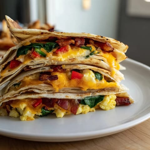 Folded flour tortilla Breakfast Quesadilla, overflowing with scrambled eggs, cheddar, and colorful bell peppers.