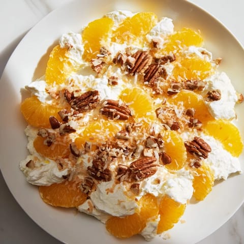 Creamy, chilled Elevated Ambrosia Salad with marshmallows, bourbon-infused whipped cream, ready to serve, a delicious dessert.