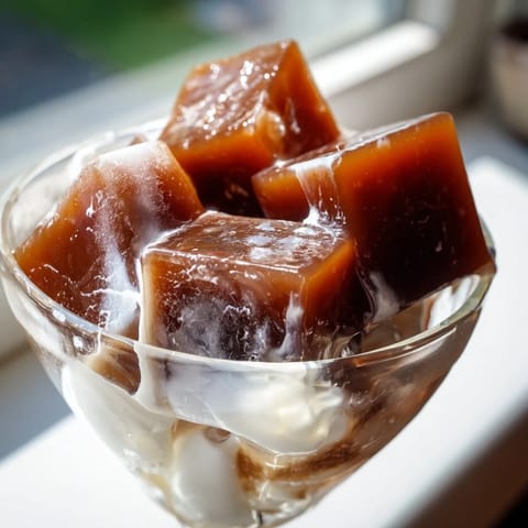Topped with a dollop of whipped cream, this Japanese Coffee Jelly Dessert is served chilled for a refreshing treat.