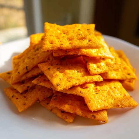 A close-up of golden Crispy Cheeto Cheese Crackers served with a creamy dip for snacking.  