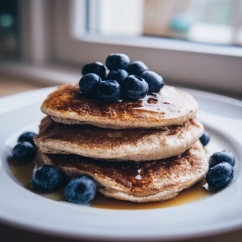 Golden-brown brown banana pancakes stacked high, topped with fresh berries and a drizzle of maple syrup on a rustic wooden table.
