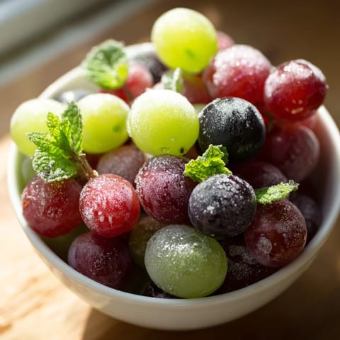 Frozen grapes spa treat served in a chilled bowl, garnished with fresh mint and a hint of lemon zest.