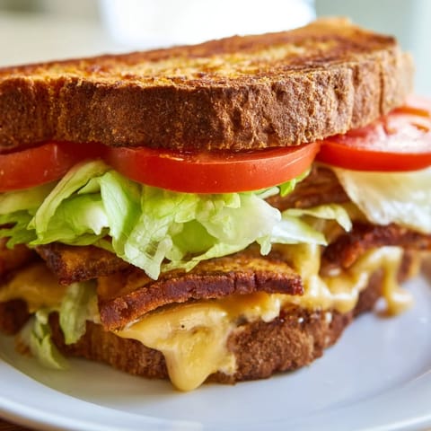 Crispy vegan bacon BLT grilled cheese sandwich on a plate, with melted cheese oozing between buttery golden bread.