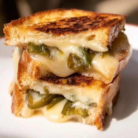 Jalapeño Havarti grilled cheese, a spicy twist on a classic, served hot and gooey on golden, buttery bread.