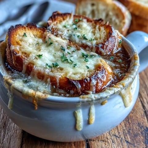 Hearty French Onion Soup topped with bubbly cheese and fresh thyme in a cozy bistro setting.