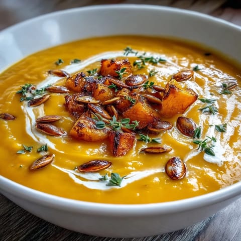 Creamy Roasted Butternut Squash Soup served in a white bowl, drizzled with heavy cream.