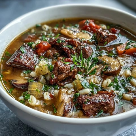 A close-up of ladled Beef and Barley Soup, revealing chunky potatoes, celery, and fresh thyme over a cozy checkered napkin.
