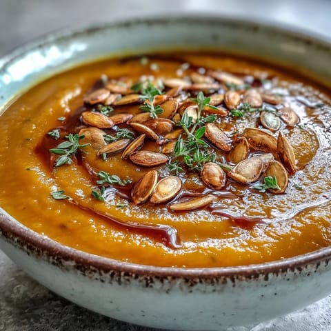 Creamy roasted Butternut Squash Soup in a rustic bowl, garnished with toasted pumpkin seeds and fresh thyme.