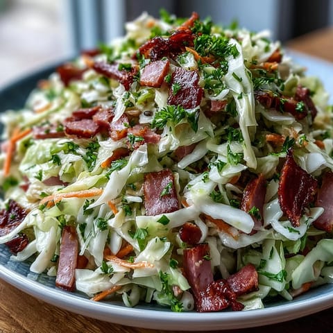 A bowl of vibrant German Cabbage Coleslaw With Shredded Ham showcases crisp cabbage ribbons, grated carrots, and savory smoked ham, topped with fresh chopped parsley for color.