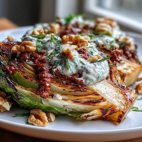 Golden-brown roasted cabbage wedges coated in a smoky walnut romesco sauce, served warm on a wooden board with a sprinkle of chopped parsley and lemon slices.  