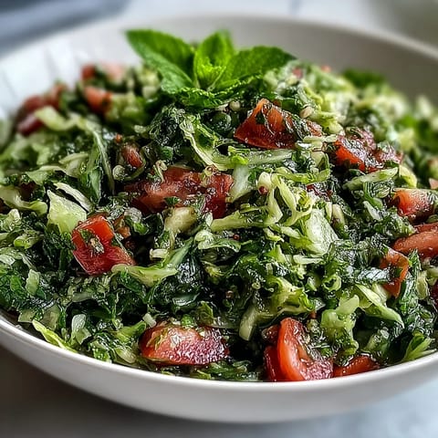 A refreshing bowl of Lebanese Cabbage Salad, featuring crisp vegetables, mint, parsley, and a garlicky lemon dressing for a light vegan side dish.