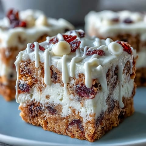 Warm Cranberry Bliss Bars cooling on a wire rack, crowned with creamy orange frosting and extra dried cranberry garnish.