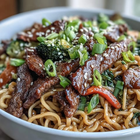 A steaming bowl of Korean Beef Noodles topped with sesame seeds and green onions sits ready for dinner.