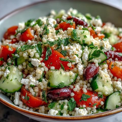 A tossed Mediterranean Pearl Couscous salad featuring kalamata olives, cherry tomatoes, and parsley in a zesty oregano vinaigrette.