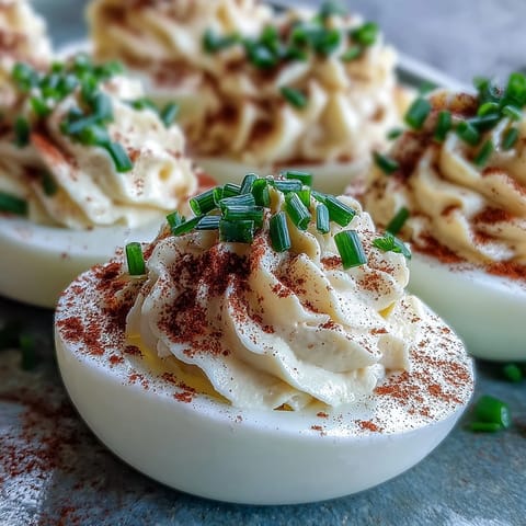 Freshly prepared Million Dollar Deviled Eggs with creamy yolk filling and halved egg whites.