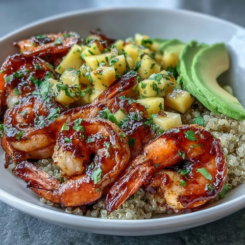 Fresh shrimp and creamy avocado bowls with zesty mango salsa and lime chili sauce served over fluffy quinoa.