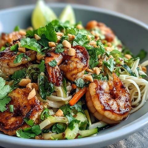 A close-up of a colorful Asian Noodle Bowl garnished with chopped peanuts and cilantro.