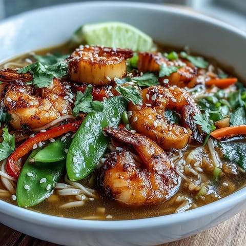 Garnished with fresh cilantro, sesame seeds, and lime wedges, served in a cozy white bowl for a flavorful lunch or dinner.