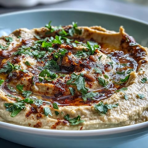 Creamy Black-Eyed Pea Hummus topped with smoked paprika and fresh parsley served with crunchy pita chips and carrot sticks.