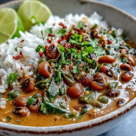 Steaming Black-Eyed Pea Curry in a rustic bowl, highlighting golden coconut milk sauce.
