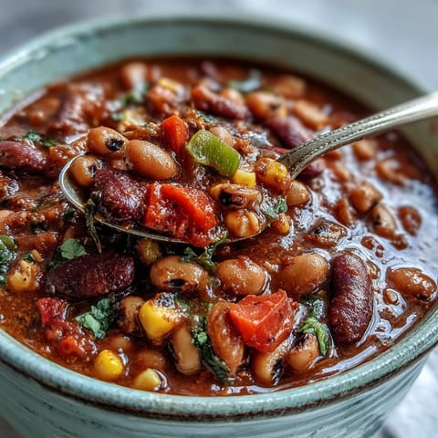 Homemade Black-Eyed Pea Chili simmering in a pot with diced vegetables and warm spices.