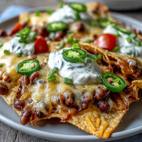 Golden, bubbly cheese melts over crispy tortilla chips and hearty black-eyed peas in Black-Eyed Pea Nachos, topped with jalapeños and sour cream.