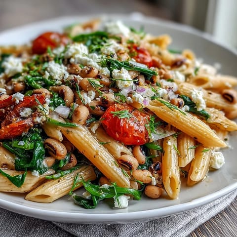Freshly cooked Black-Eyed Pea Pasta tossed with cherry tomatoes, spinach, and herbs in a white bowl.