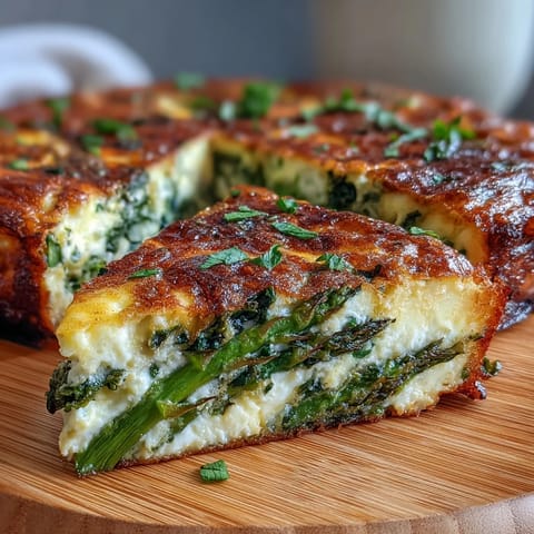 Golden-baked asparagus and goat cheese frittata with vibrant spring vegetables, perfect for a light Mediterranean meal.  