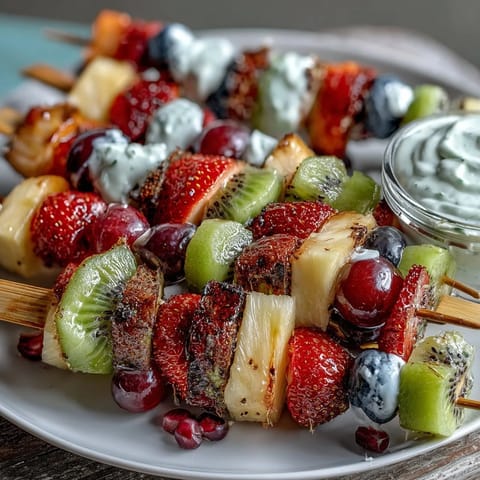 Playful lunch bento with vibrant fruit skewers, creamy yogurt dip, and mini sandwiches.  