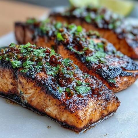 Grilled salmon fillet topped with vibrant strawberry salsa and fresh cilantro for a refreshing, healthy dinner.
