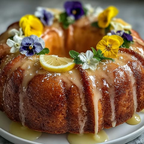 Lemon drizzle cake with edible flowers, topped with a tangy lemon glaze and delicate floral accents, perfect for Mothers Day celebrations.