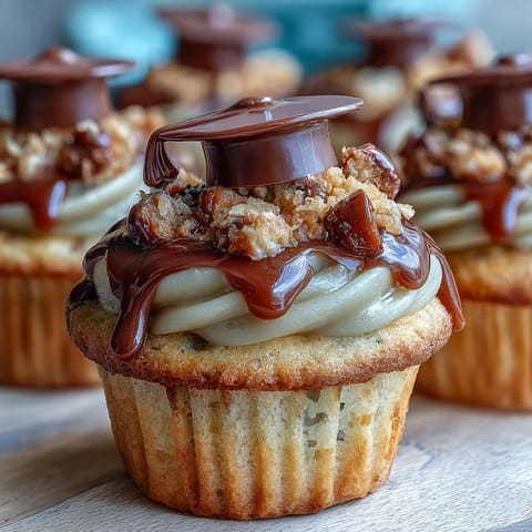 Festive graduation cupcakes with chocolate cap toppers and colorful buttercream frosting.