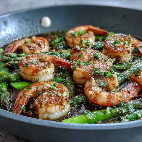 Healthy Easy One-Pan Lemon Garlic Shrimp and Asparagus with vibrant citrus aroma and tender roasted vegetables in a savory garlic-infused olive oil.