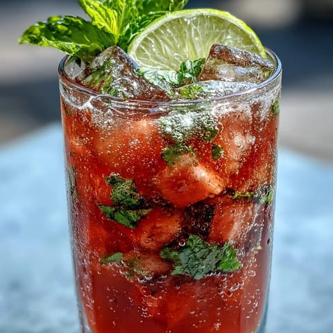 A refreshing watermelon mint vodka spritz mocktail with vibrant pink color and fresh mint garnish, served over ice in tall glasses for a cooling summer beverage.