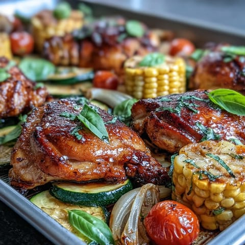 A colorful sheet pan chicken dinner with zucchini, corn, and cherry tomatoes, all roasted to perfection.