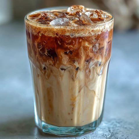 A creamy iced espresso drink with brown sugar syrup, oat milk, and cinnamon—perfect for a refreshing pick-me-up.