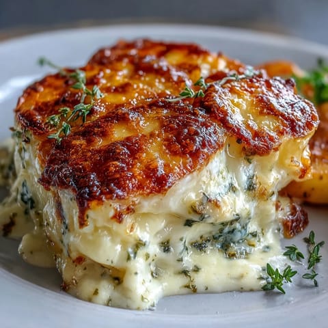 Silky scalloped potatoes with Gruyere, featuring bubbling cheese and aromatic thyme—a luxurious side dish for holiday feasts and family gatherings.  
