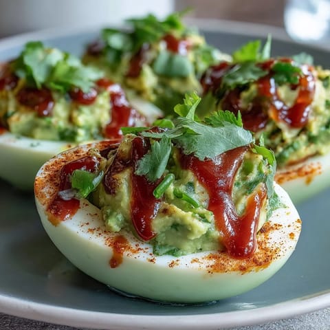 Vibrant deviled eggs filled with avocado and lime, finished with a zesty Sriracha kick for extra flavor.