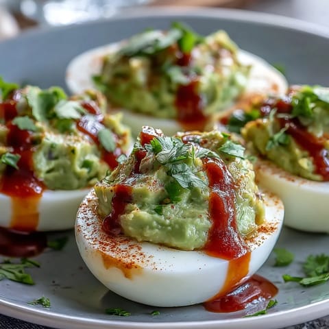 Creamy avocado deviled eggs with a spicy Sriracha drizzle, perfect for healthy appetizers or party snacks.