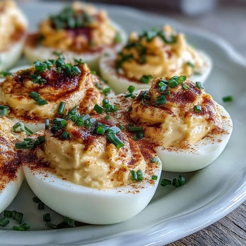 Creamy deviled eggs with paprika and chives, a classic appetizer for parties and picnics.