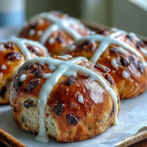 Homemade Hot Cross Buns arranged on a rustic wooden board, their golden tops glistening with apricot glaze and neat white crosses piped on top.