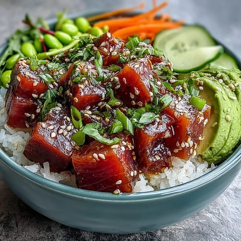 Vibrant Spring Tuna Poke Bowl with fresh tuna, crisp radish, cucumber, and avocado, drizzled with tangy ponzu sauce for a refreshing meal.