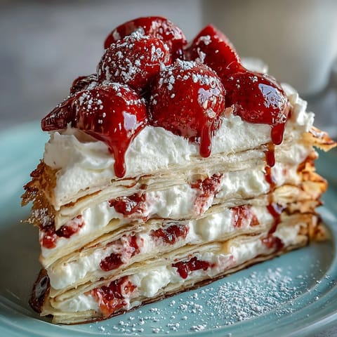 Elegant Mother's Day Crêpe Cake: A visual feast of layered crepes and fresh strawberry cream.
